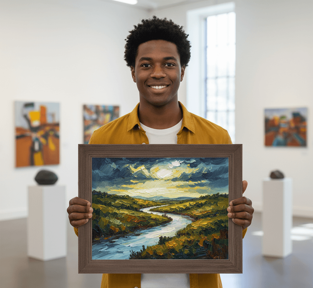 Professional in modern art gallery holding large Barnwood Brown custom frame displaying dramatic landscape oil painting with winding river golden hills and stormy clouds showcasing rich brown finish and substantial 1.5 inch rustic barnwood moulding ideal for museum-quality fine art and landscape framing