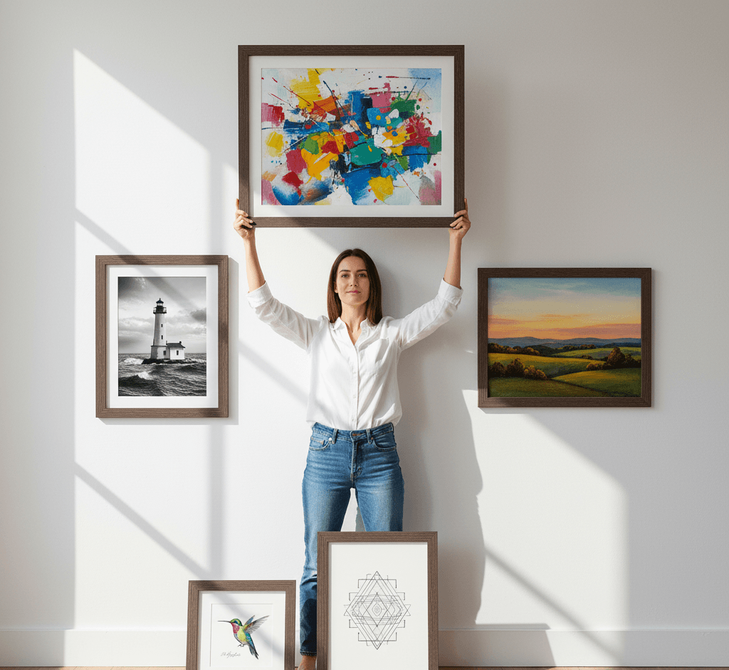 Woman holding overhead Barnwood Brown custom frame with vibrant abstract expressionist splatter painting surrounded by black white lighthouse photography and countryside landscape frames demonstrating authentic barnwood texture and 1.5 inch rustic moulding for contemporary art gallery walls