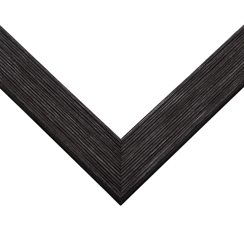 Barnwood Black Picture Frame corner detail showing distinctive barnwood texture with rich black finish and pronounced wood grain in 1.5 inch profile