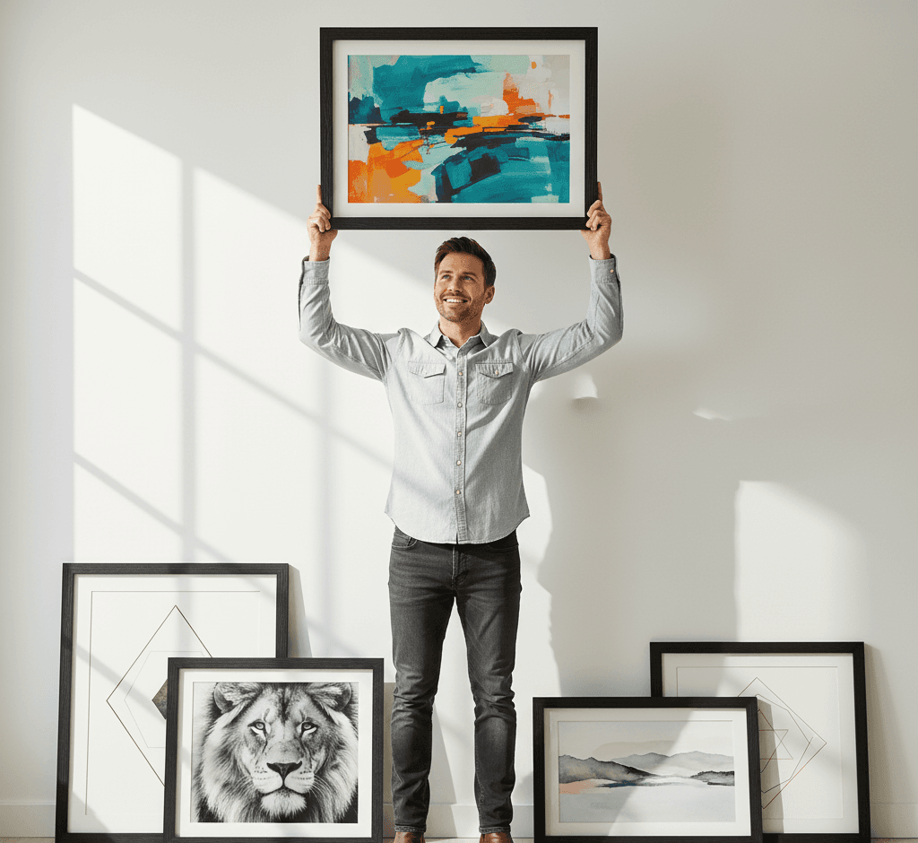 Man holding overhead Barnwood Black custom frame displaying bold abstract expressionist painting with vibrant teal turquoise orange geometric blocks on neutral background with additional lion portrait and mountain landscape frames staged below demonstrating substantial 1.5 inch rustic black moulding for contemporary action painting and modern abstract artwork framing