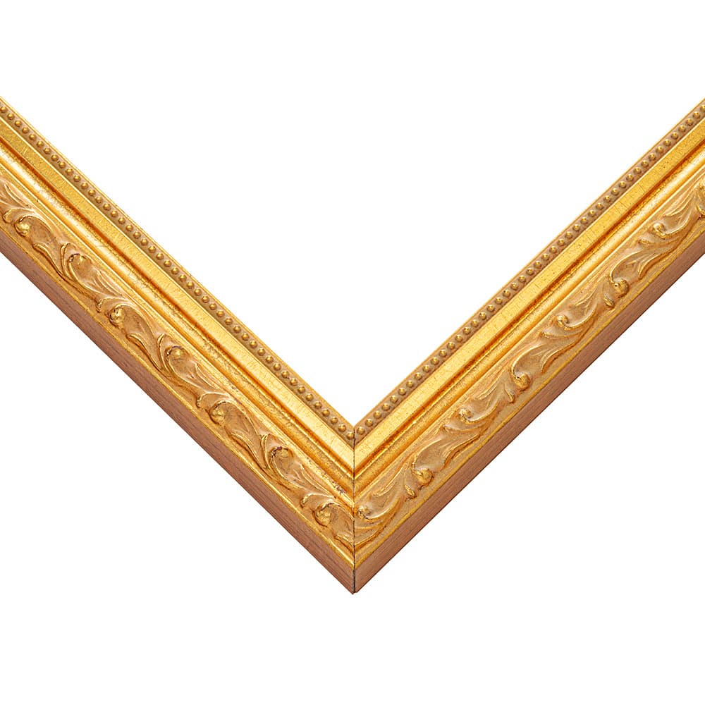 Museum Gold Picture Frame corner detail showing ornate acanthus leaf scrollwork with rich gold finish and decorative beading in 1.125 inch profile