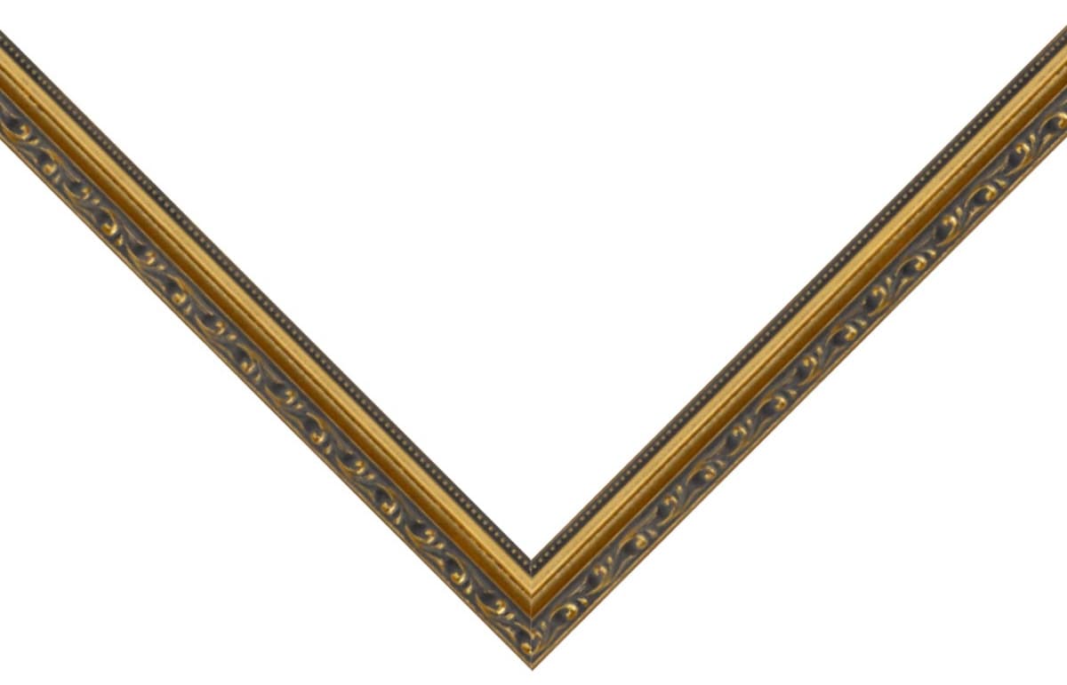 Museum Black Picture Frame corner detail showing ornate gold profile with black decorative scrollwork channel in elegant 1.125 inch design