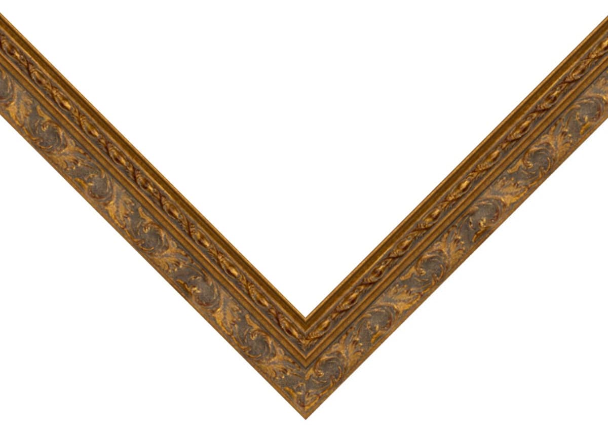 Antique Gold Picture Frame corner detail showing wide ornate profile with elaborate scrollwork and floral vine patterns in rich 2 inch design