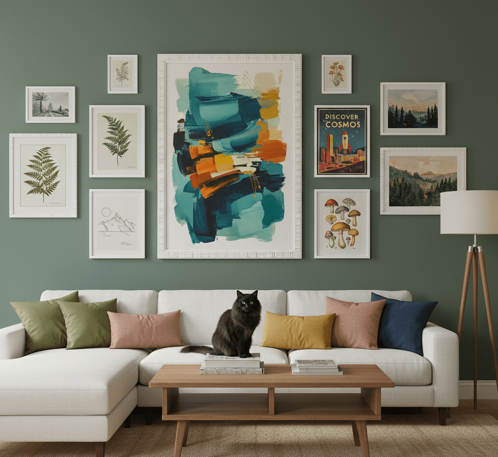 Curated gallery wall of textured white picture frames in multiple sizes featuring large abstract expressionist painting surrounded by vintage travel poster, mushroom illustration, and pressed fern botanicals on sage green wall