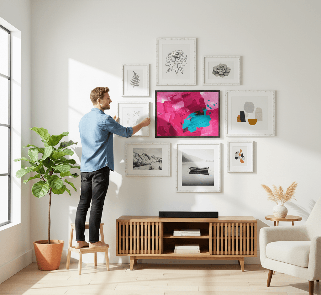 Man adjusting eclectic gallery wall of textured white picture frames above mid-century modern walnut media console in Scandinavian contemporary living room