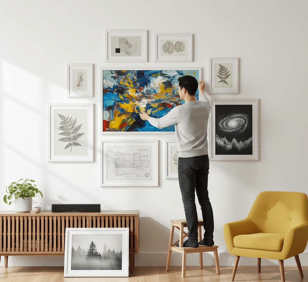 Man arranging dynamic gallery wall of distressed white picture frames in multiple sizes featuring large abstract expressionist paintings, pressed fern botanicals, and geometric prints on light gray wall