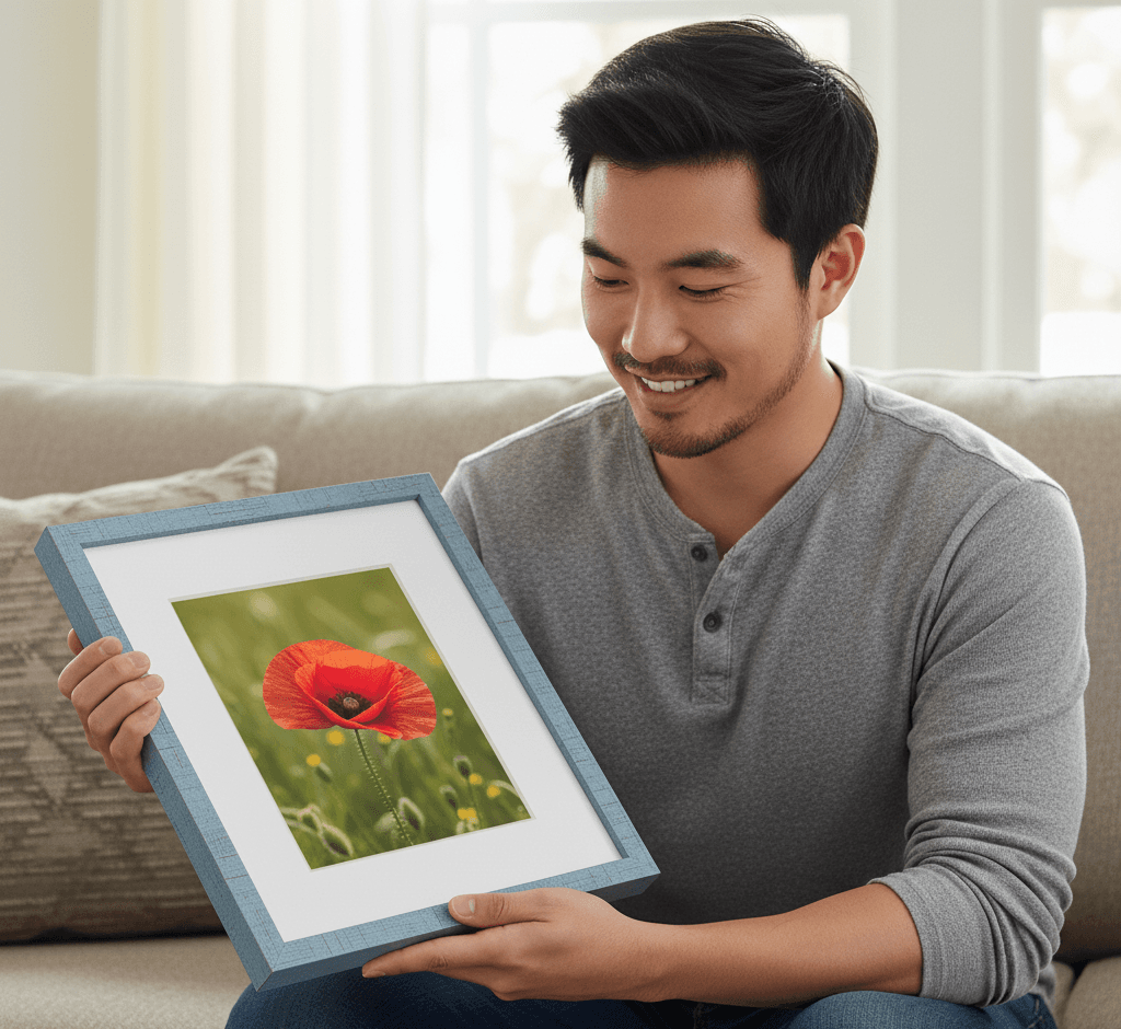 Woman standing on wooden stool arranging large asymmetric gallery wall of coastal blue picture frames featuring minimalist line art portrait, ocean seascape triptych, bold magenta pink abstract expressionist painting, misty forest landscape, vintage galaxy astrophotography, botanical fern, and geometric prints above walnut media console demonstrating professional salon-style wall design