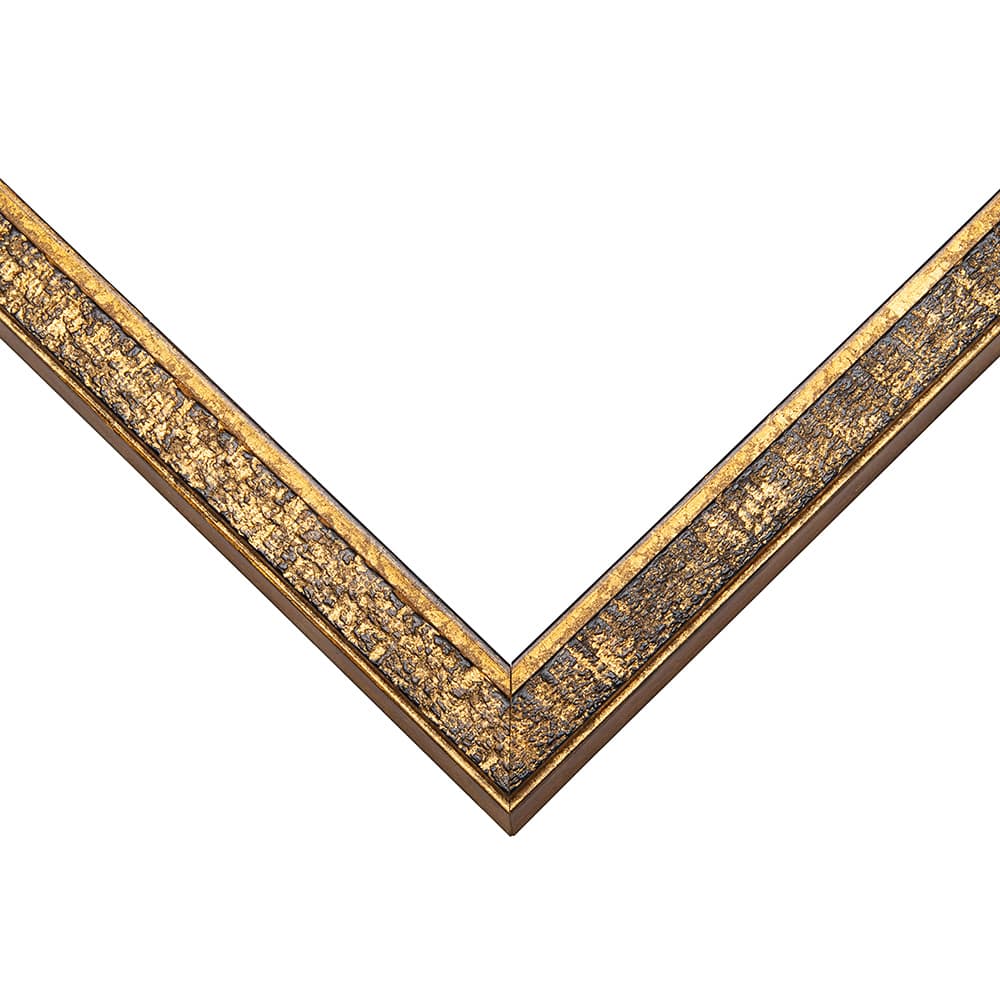 Modern Gold Picture Frame corner detail showing distressed gold finish with dark antiqued patina in slim 0.75 inch contemporary profile