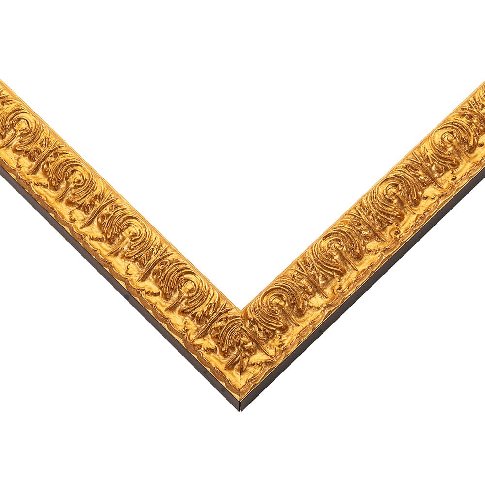 Royal Gold Picture Frame corner detail showing ornate baroque scrollwork pattern with rich gold finish in traditional 1 inch profile