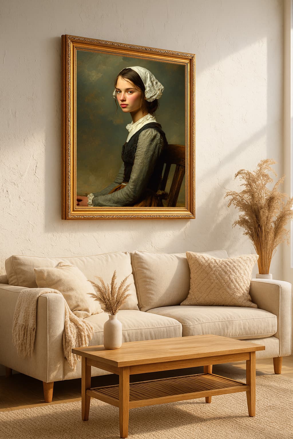 Museum Bronze frame displaying classical portrait in elegant traditional living room with neutral décor showcasing ornate gold finish perfect for fine art and heirloom pieces