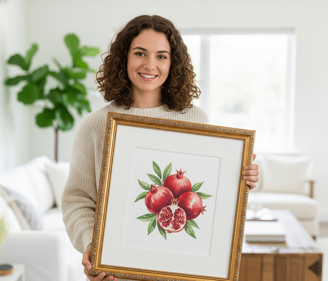 Museum Bronze picture frame presenting pomegranate botanical watercolor print held by customer demonstrating intricate gold detailing ideal for botanical illustrations and nature artwork