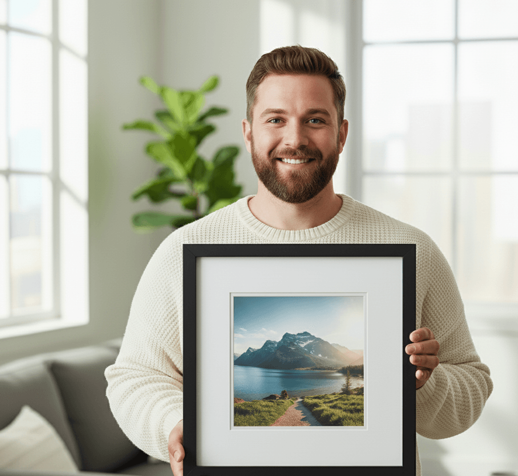 Smiling man in beige cable-knit sweater holds Wide Black picture frame with crisp white mat displaying serene mountain landscape photography featuring turquoise lake, dramatic rocky peaks, and golden sunset lighting in bright contemporary living room with gray sofa and fiddle leaf fig plant demonstrating bold 1.125 inch black moulding width perfect for nature photography and landscape artwork with substantial block-style frame profile