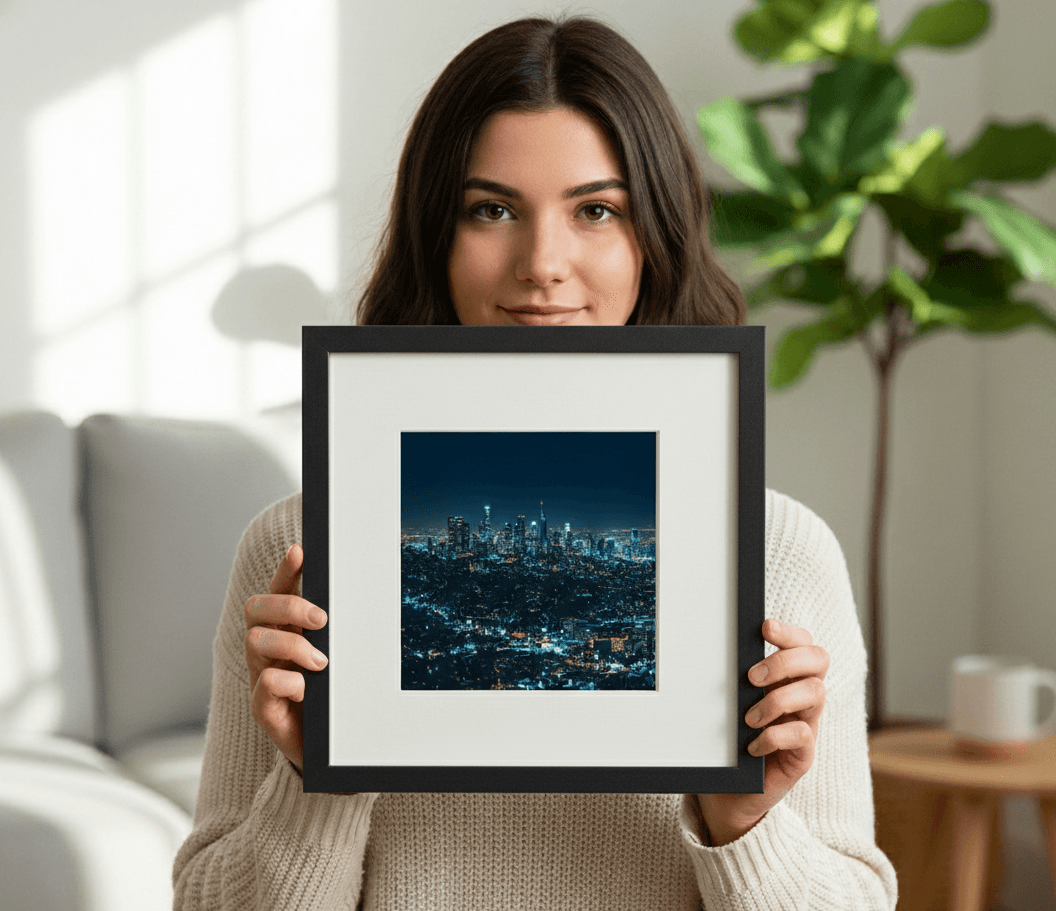 Personal presentation of custom framed photograph demonstrating professional quality and craftsmanship