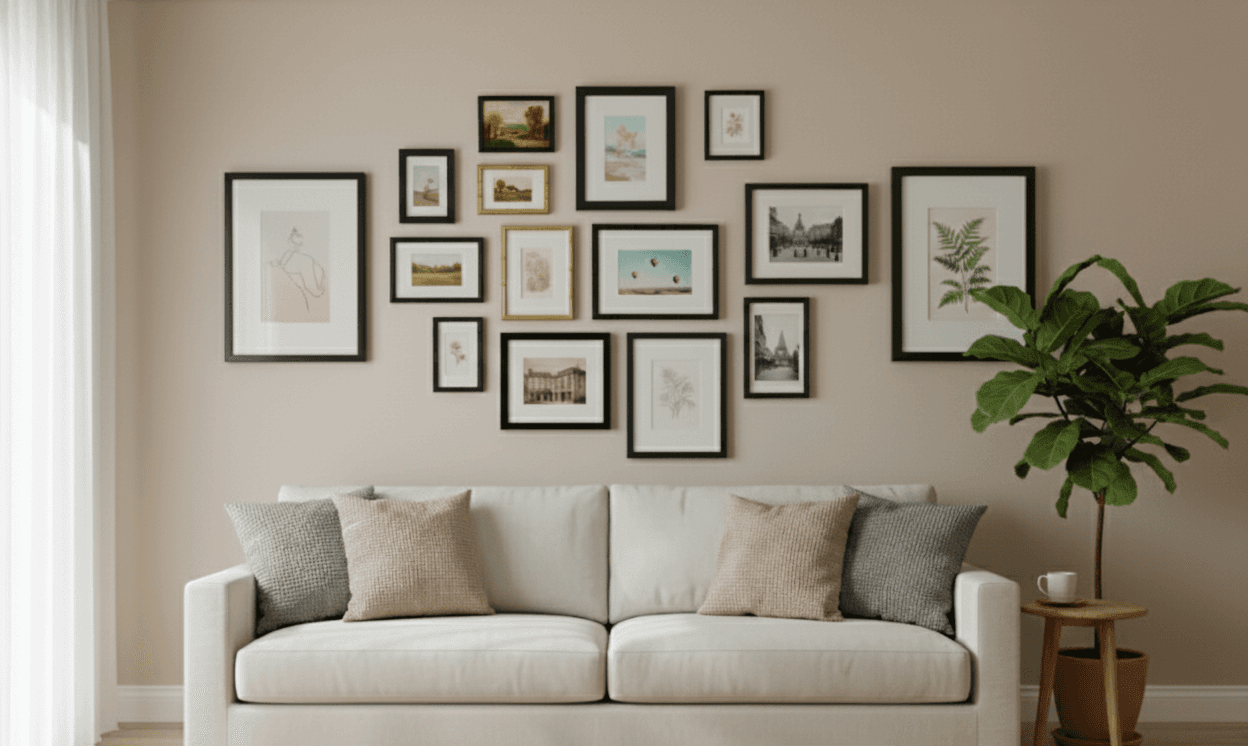 Contemporary gallery wall featuring multiple custom frames