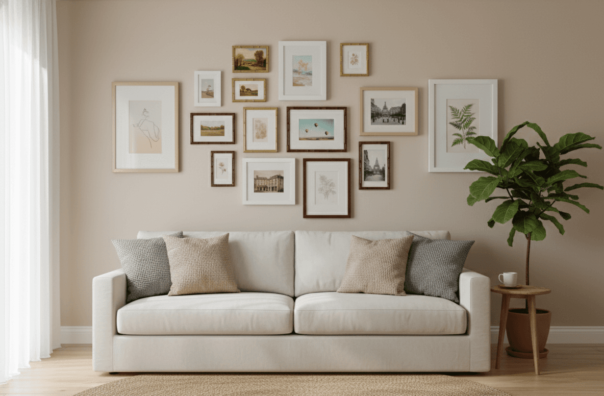 Brown Bamboo frames displayed in gallery wall arrangement above sofa with mixed artwork styles demonstrating versatile natural styling for coordinated displays