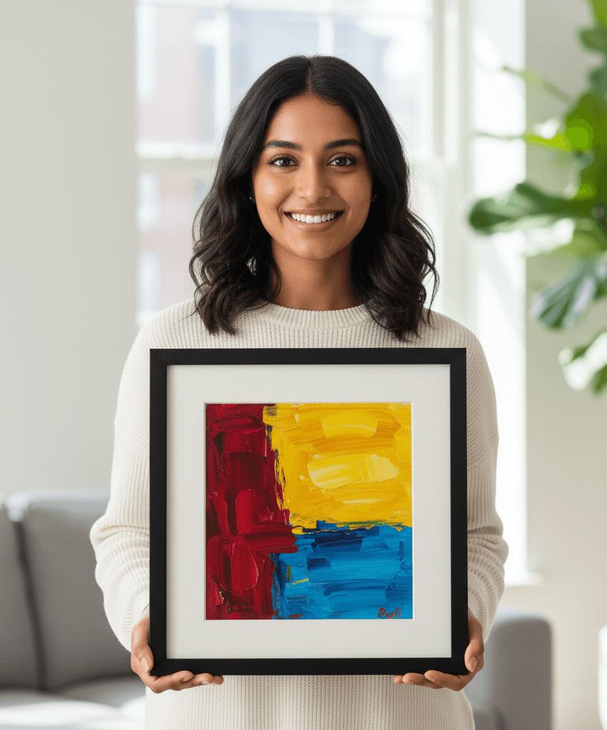 Person holding Black Wood frame with vibrant abstract painting featuring bold red yellow and blue brushstrokes showcasing sleek black finish for contemporary art