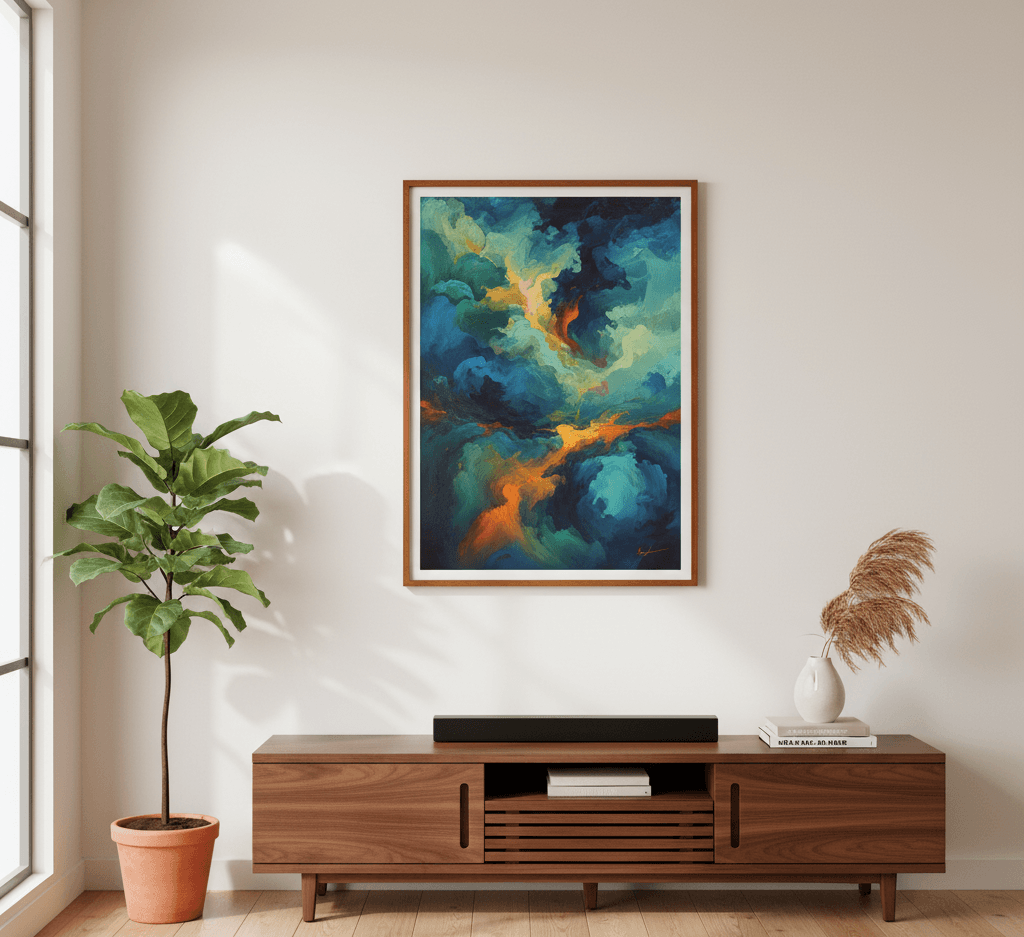 Light Oak frame displaying dramatic abstract painting with teal blue and orange tones above mid-century modern console in minimalist living room