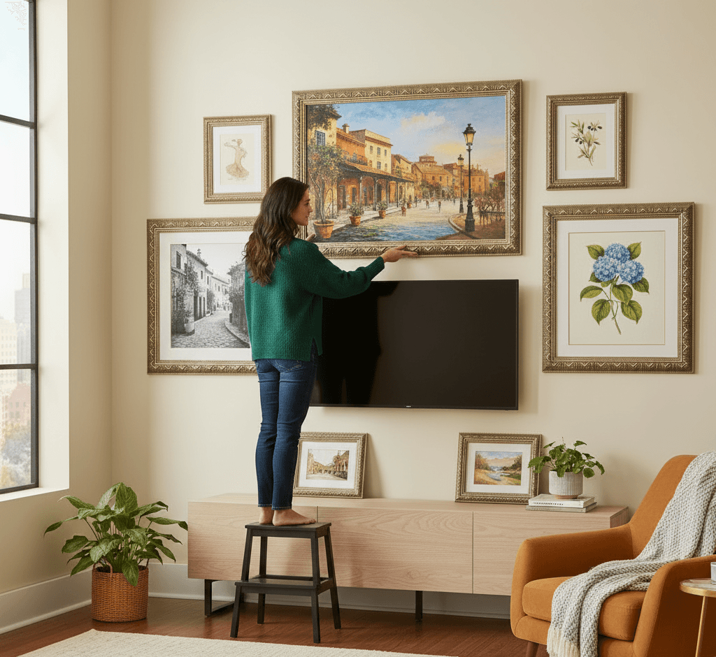 Woman arranging ornate gold picture frames displaying European street scene oil paintings around flat screen television creating elegant gallery wall in modern living room with botanical prints
