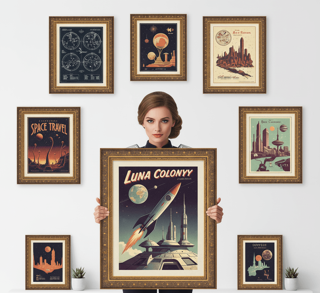 Woman holding vintage Luna Colony space travel poster in ornate gold picture frame surrounded by retro space exploration art collection featuring astronomy prints and sci-fi illustrations