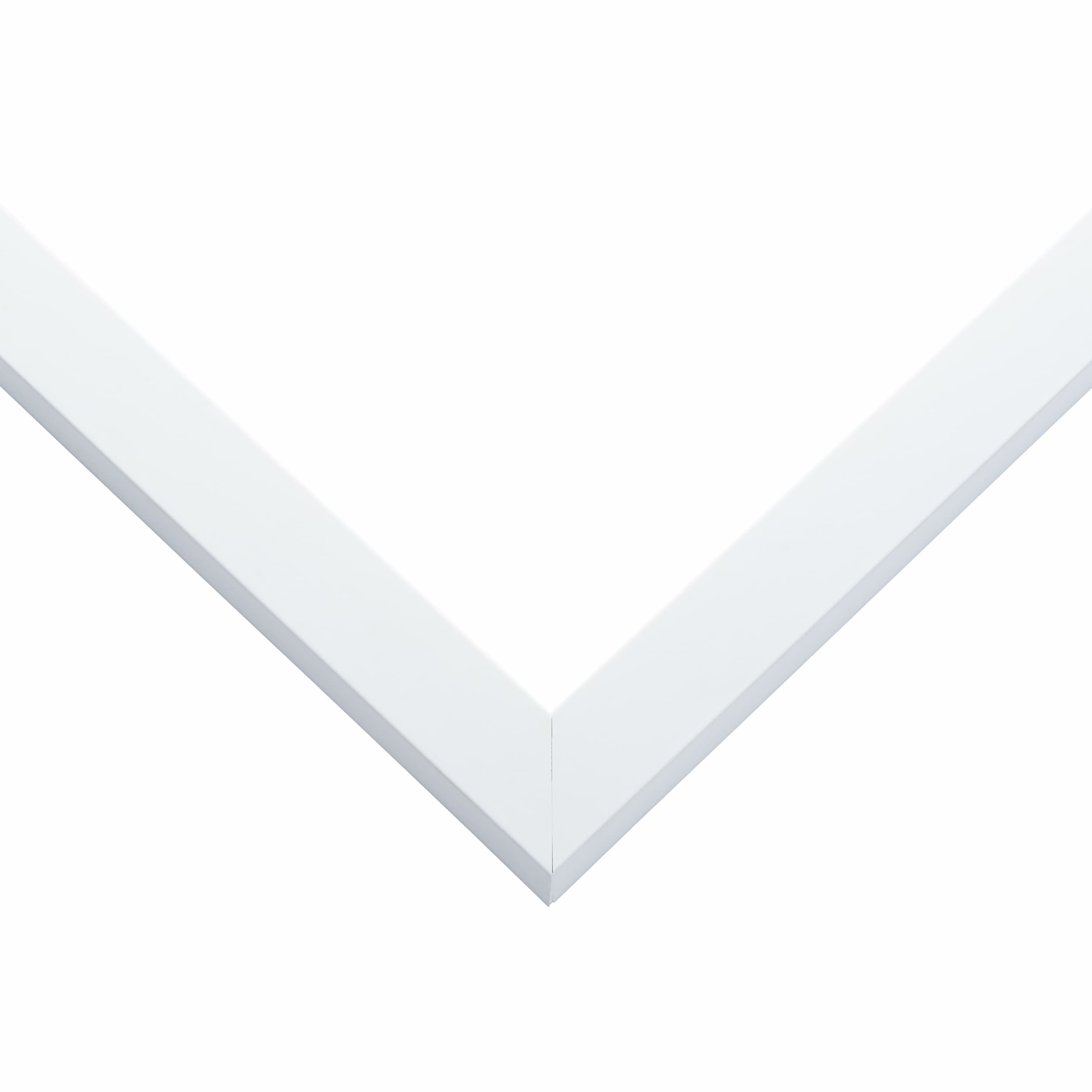 White Wood picture frame corner detail showing clean white finish with precision mitered joint and classic wood grain texture