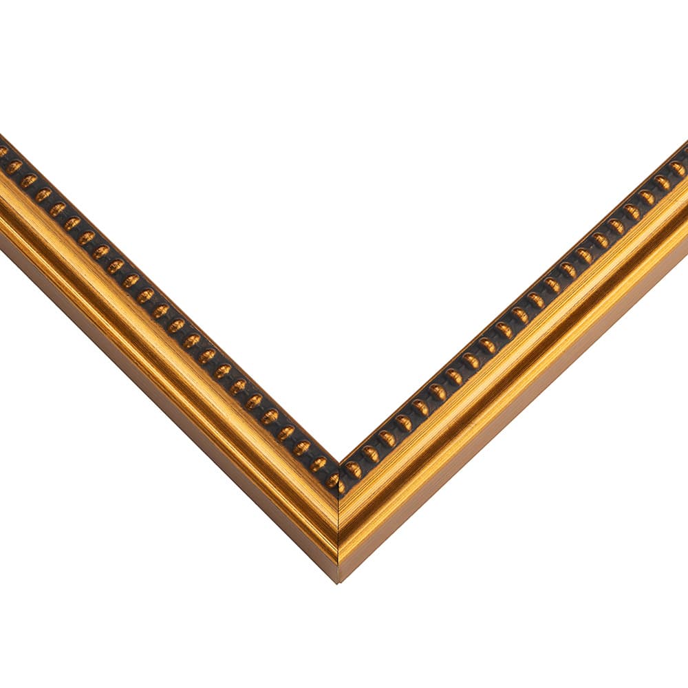 Simple Picture Frame corner detail showing elegant beaded inner lip with gold finish and warm wood grain in 0.75 inch profile